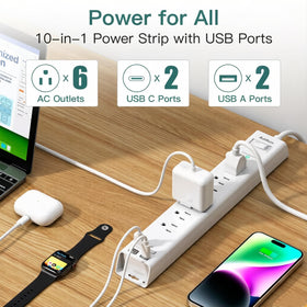 Addtam power strip offers 6 outlets and 4 USB ports for multi-device charging.