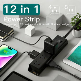 Addtam power strip shown with 6ft cord for flexible reach.