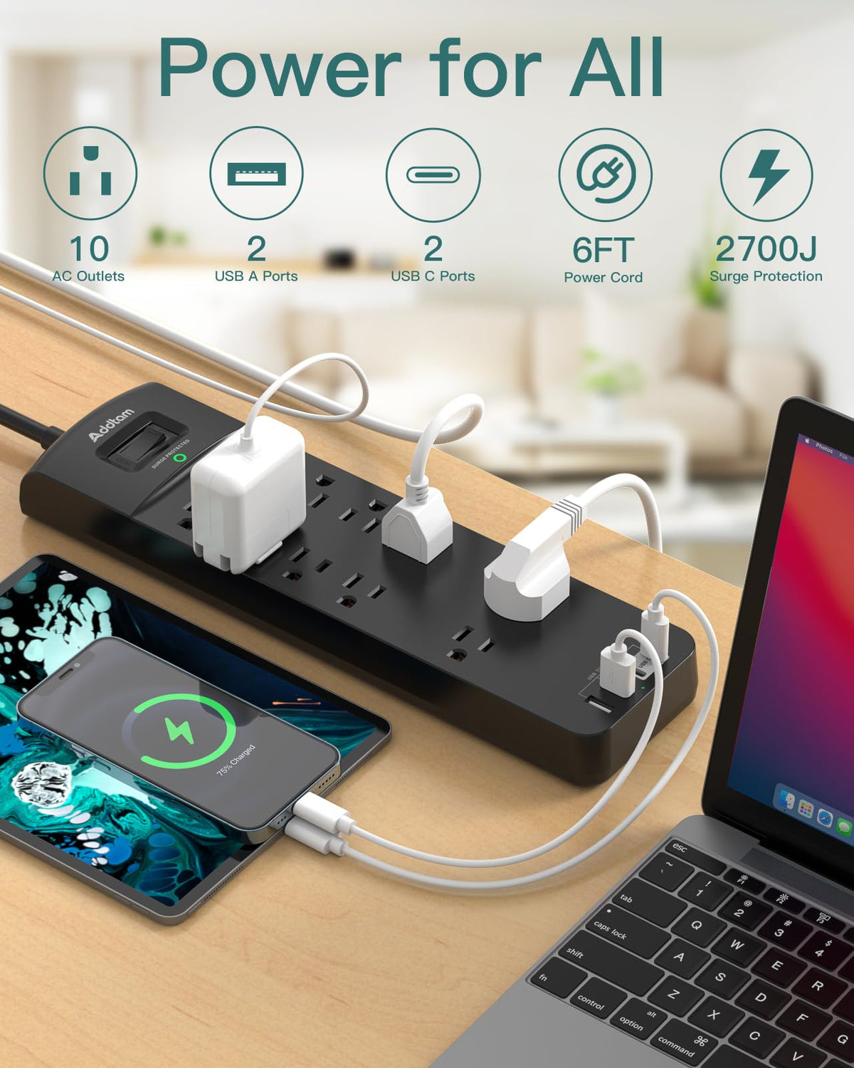 Addtam power strip 6ft heavy-duty extension cord for flexible placement