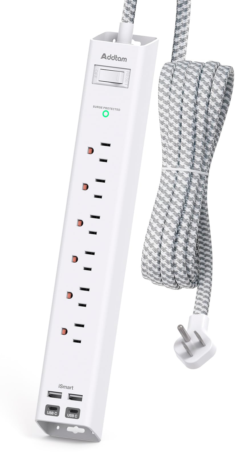 Addtam power strip with flat plug and six outlets for space-saving charging
