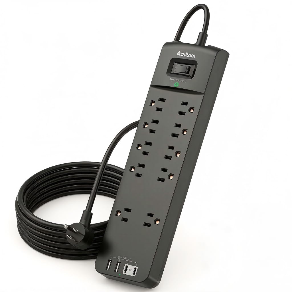 Addtam Power Strip front view showing ten outlets for versatile device clustering