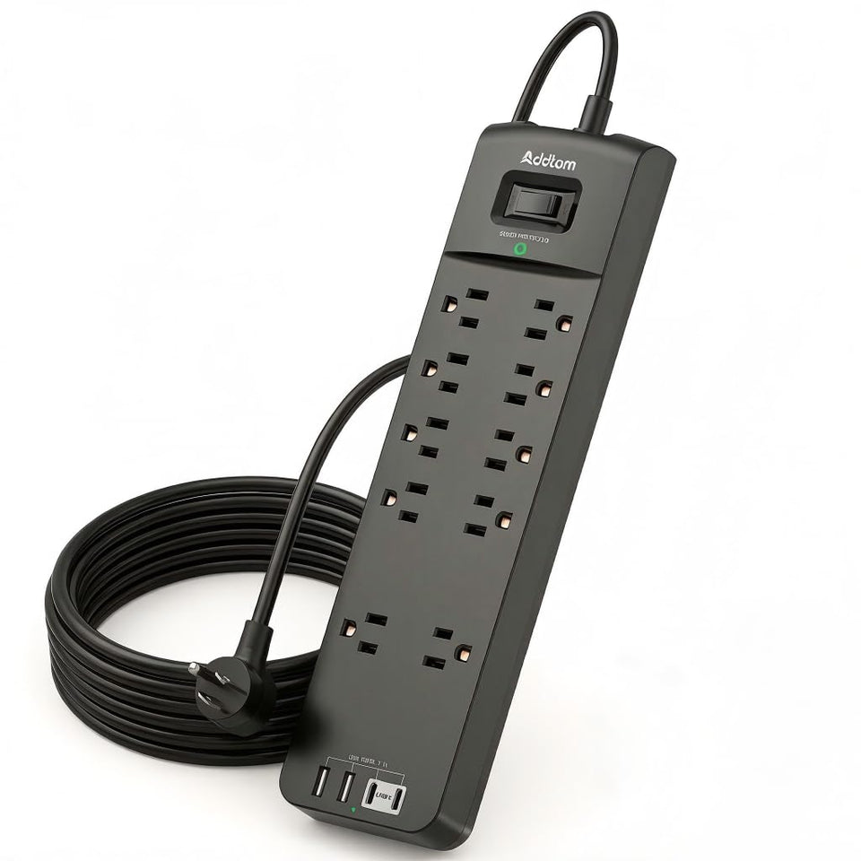 Addtam Power Strip front view showing ten outlets for versatile device clustering