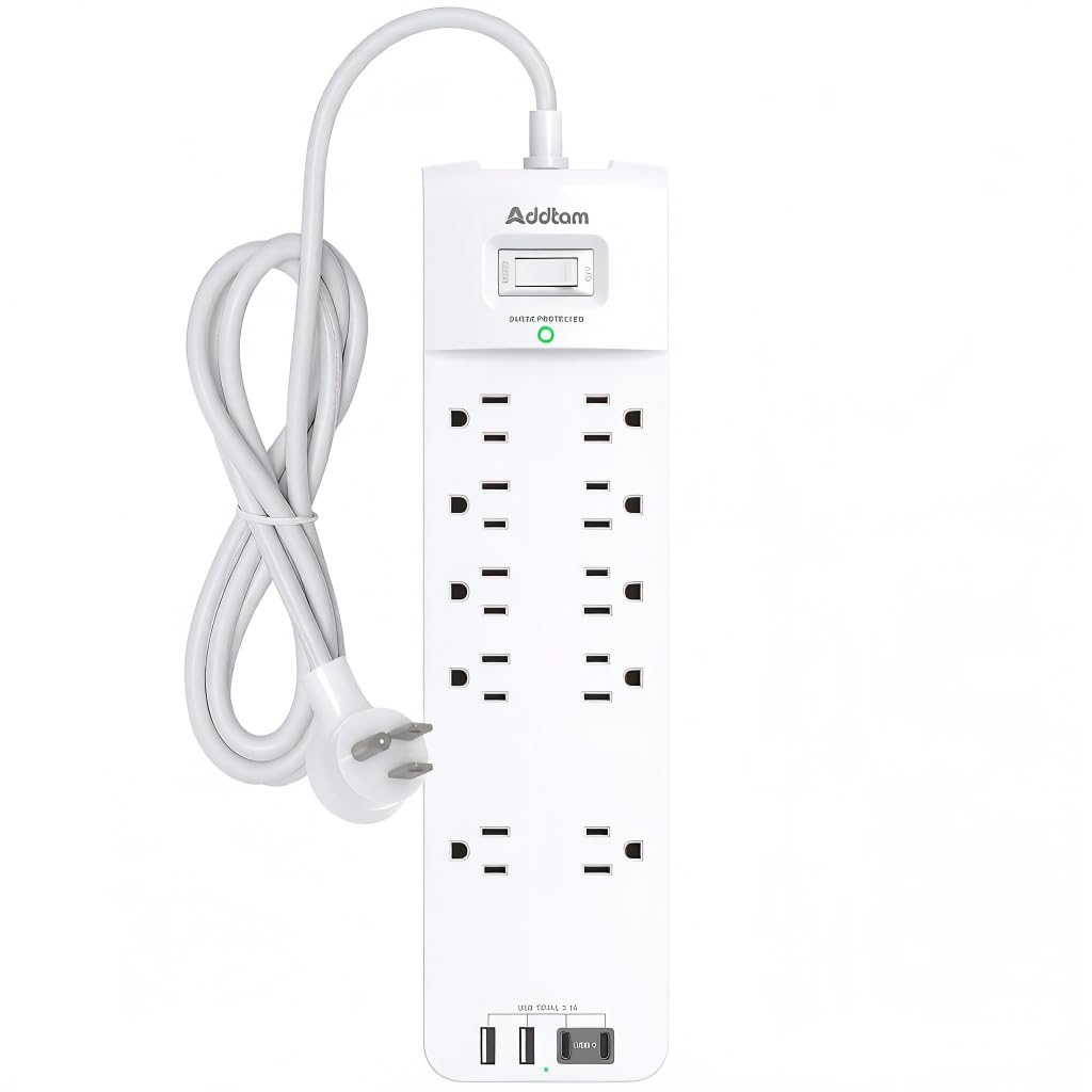 Addtam power strip with surge protection and 10 outlets for organized home or office charging