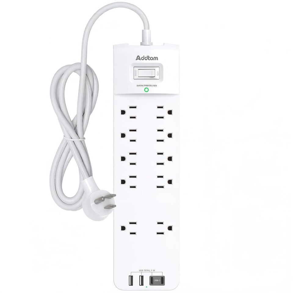 Addtam power strip with surge protection and 10 outlets for organized home or office charging
