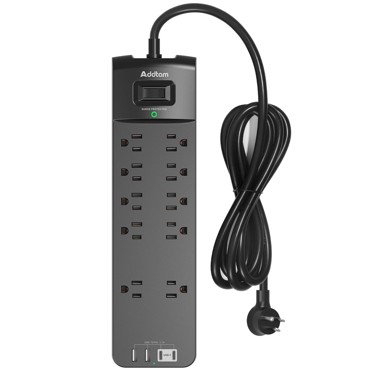 Addtam power strip with surge protection and ten outlets for organized electronics