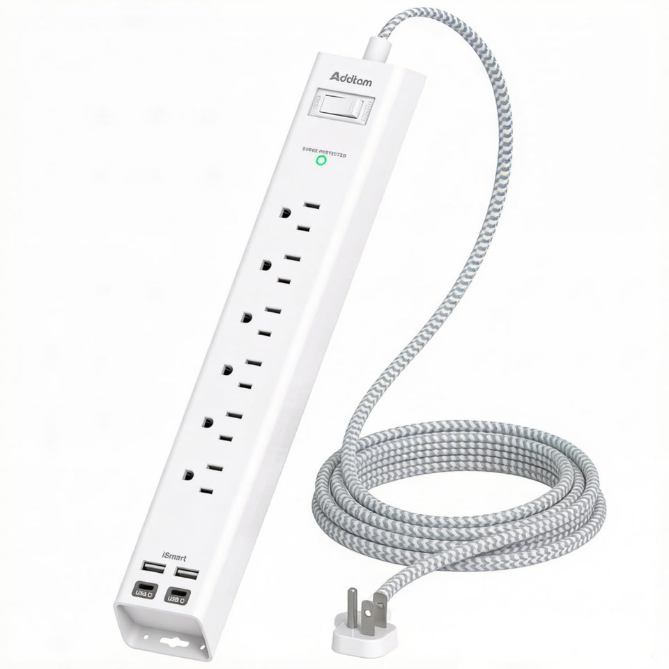 Addtam power strip full unit showing six outlets and four USB ports for organized charging.