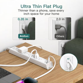 Addtam ultra-flat plug fits slim spaces behind furniture and desks.