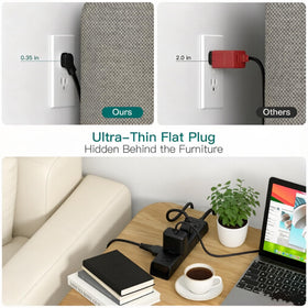Addtam ultra-thin flat plug design fits neatly behind furniture.