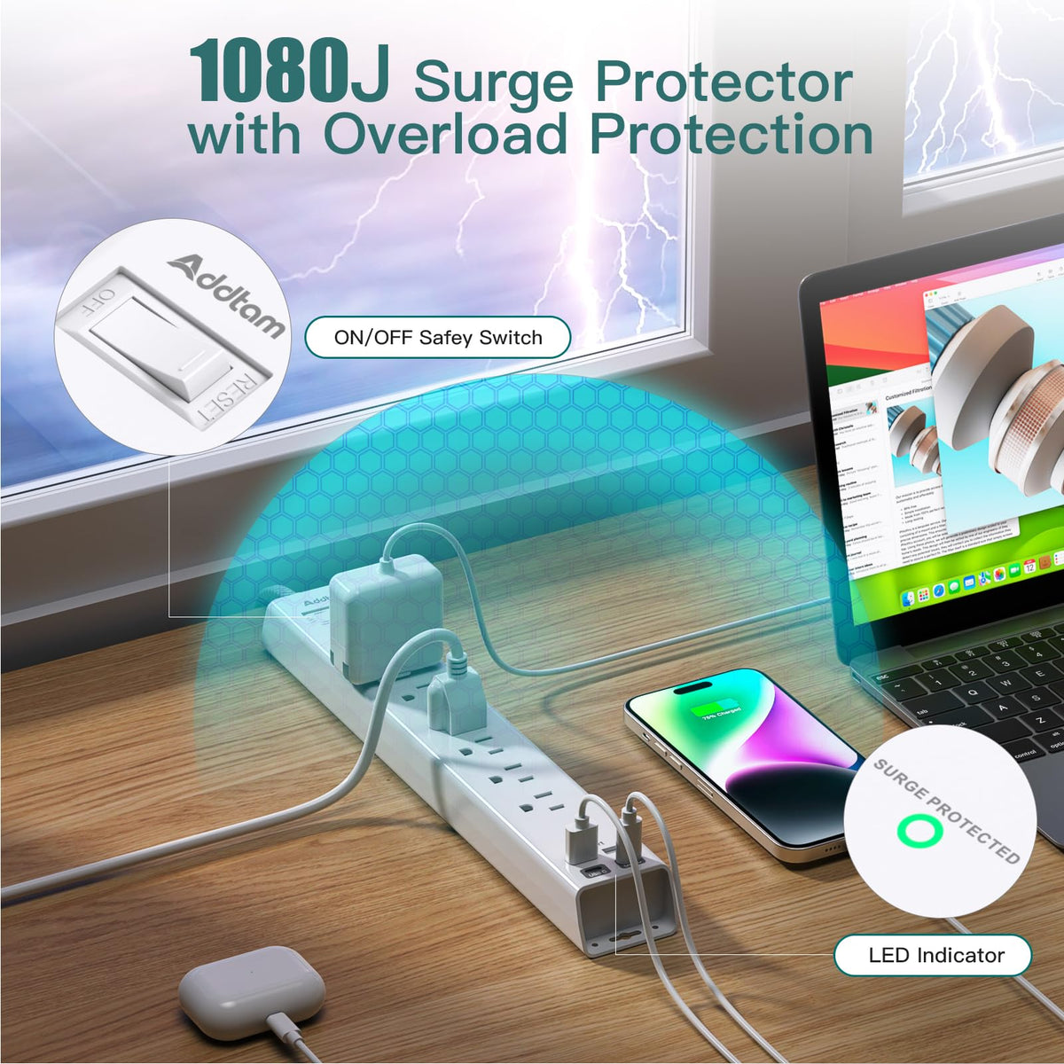 Addtam power strip wall-mount back with keyhole slots for space saving.