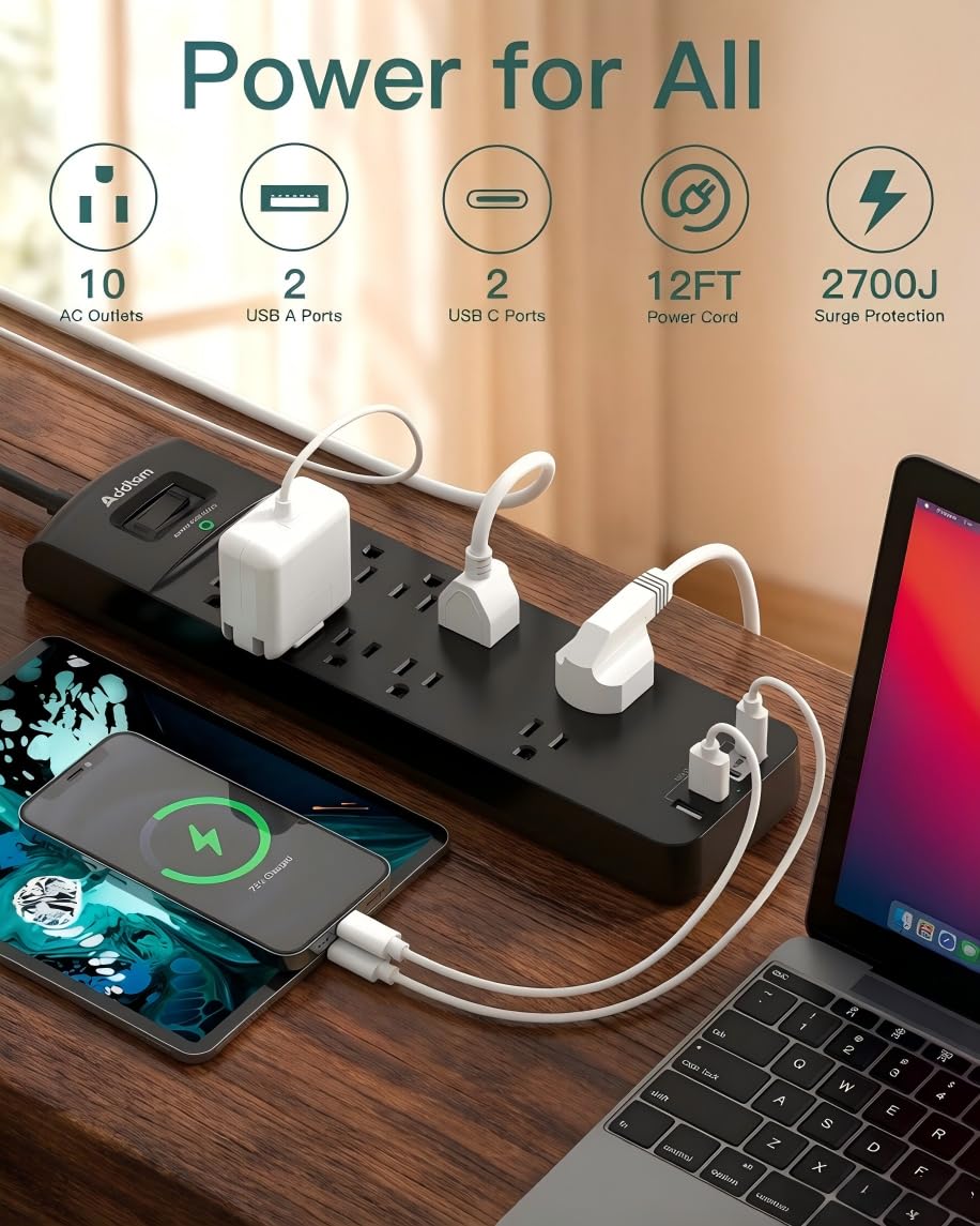 Addtam power strip with widely spaced outlets to fit large adapters