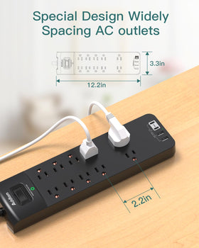 Addtam power strip with wide-spaced outlets to fit large adapters