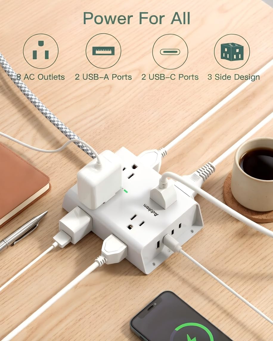 Addtam side outlets displaying wide spacing to fit bulky adapters