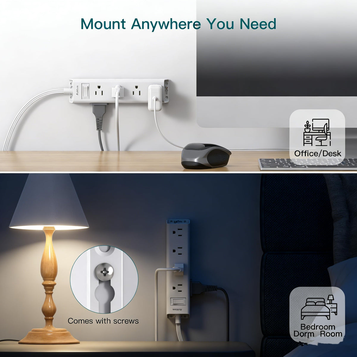 Addtam surge-protected 900 Joules unit protects connected devices.