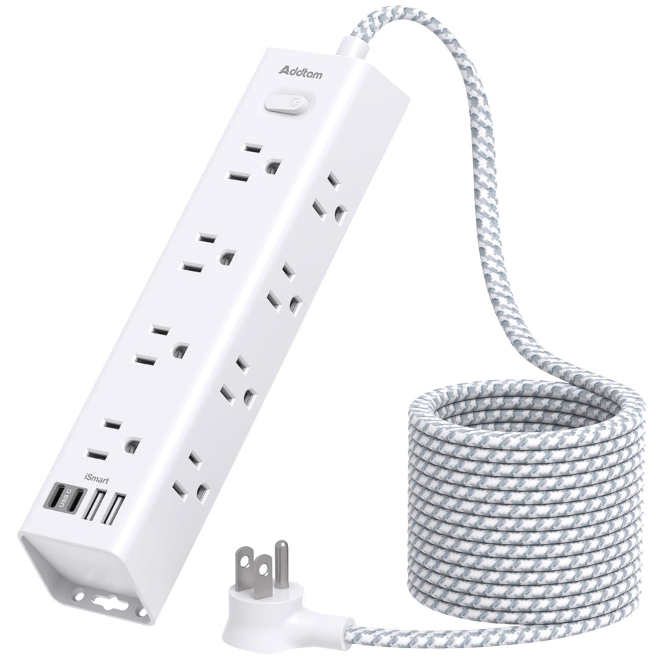 Addtam Surge Protector with 10 ft cord for easy reach and tidy power management.