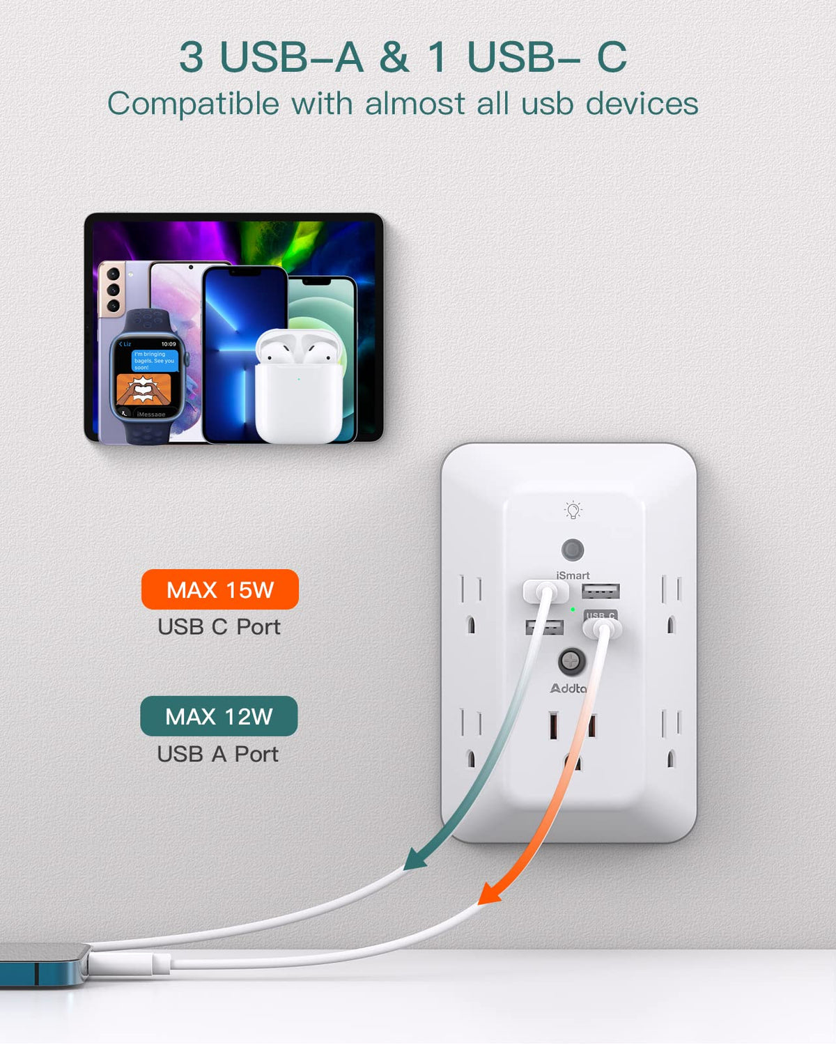 Addtam surge protector in dorm or office use keeps devices organized and protected