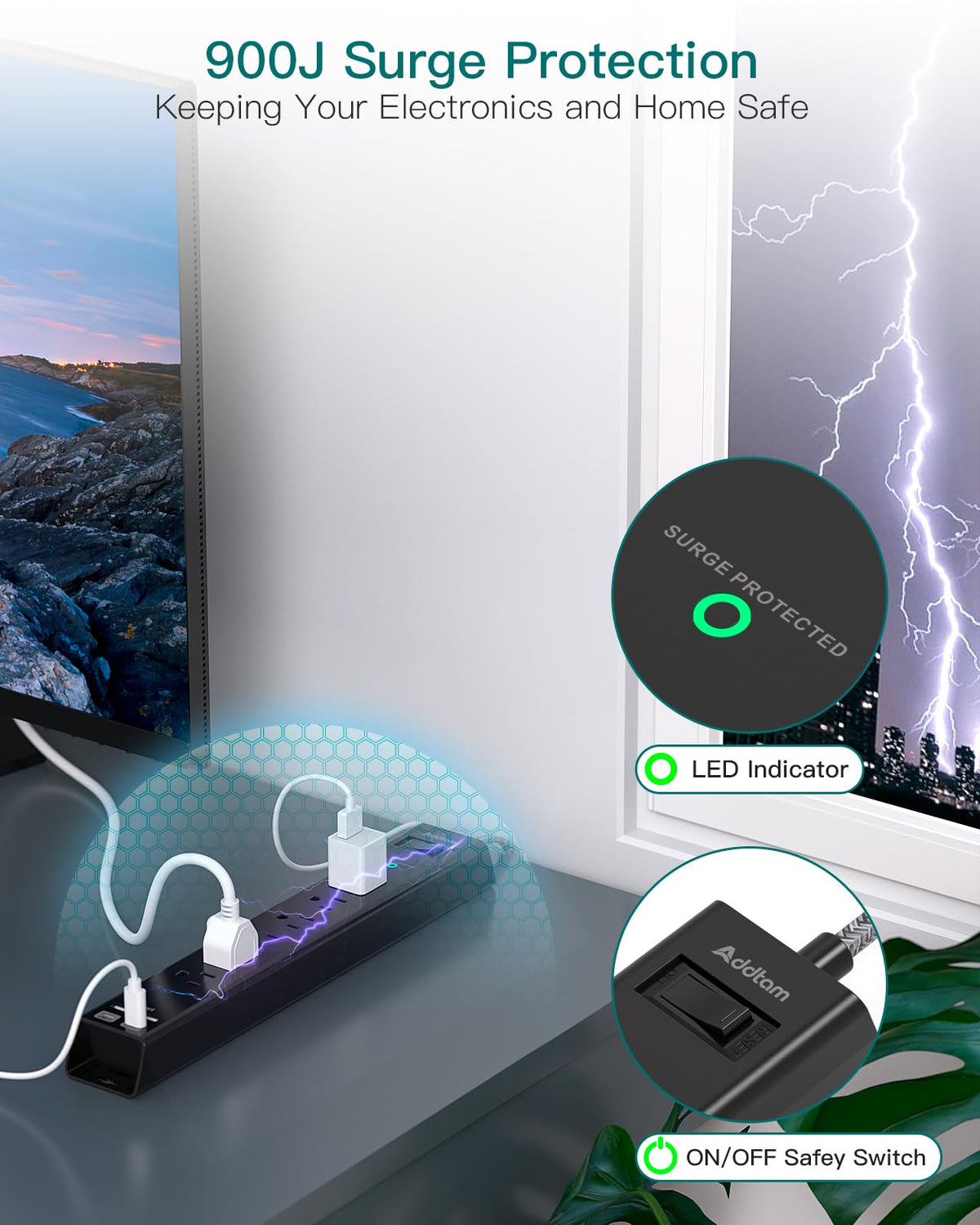 Addtam surge protector flat plug shows ultra-thin design saving space behind furniture