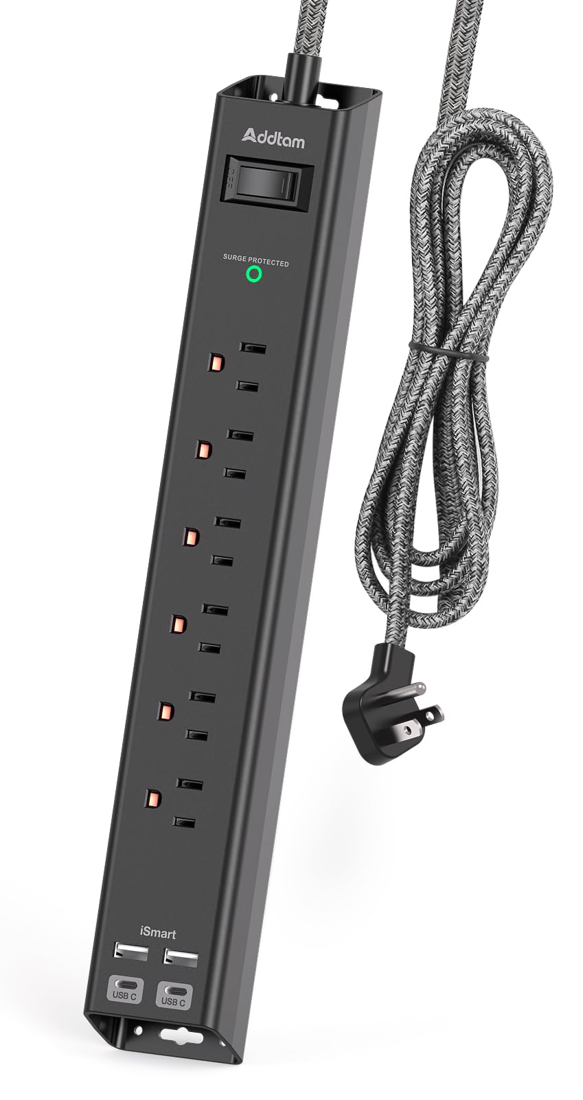 Addtam Surge Protector Power Strip front view for multi-device charging and desk organization