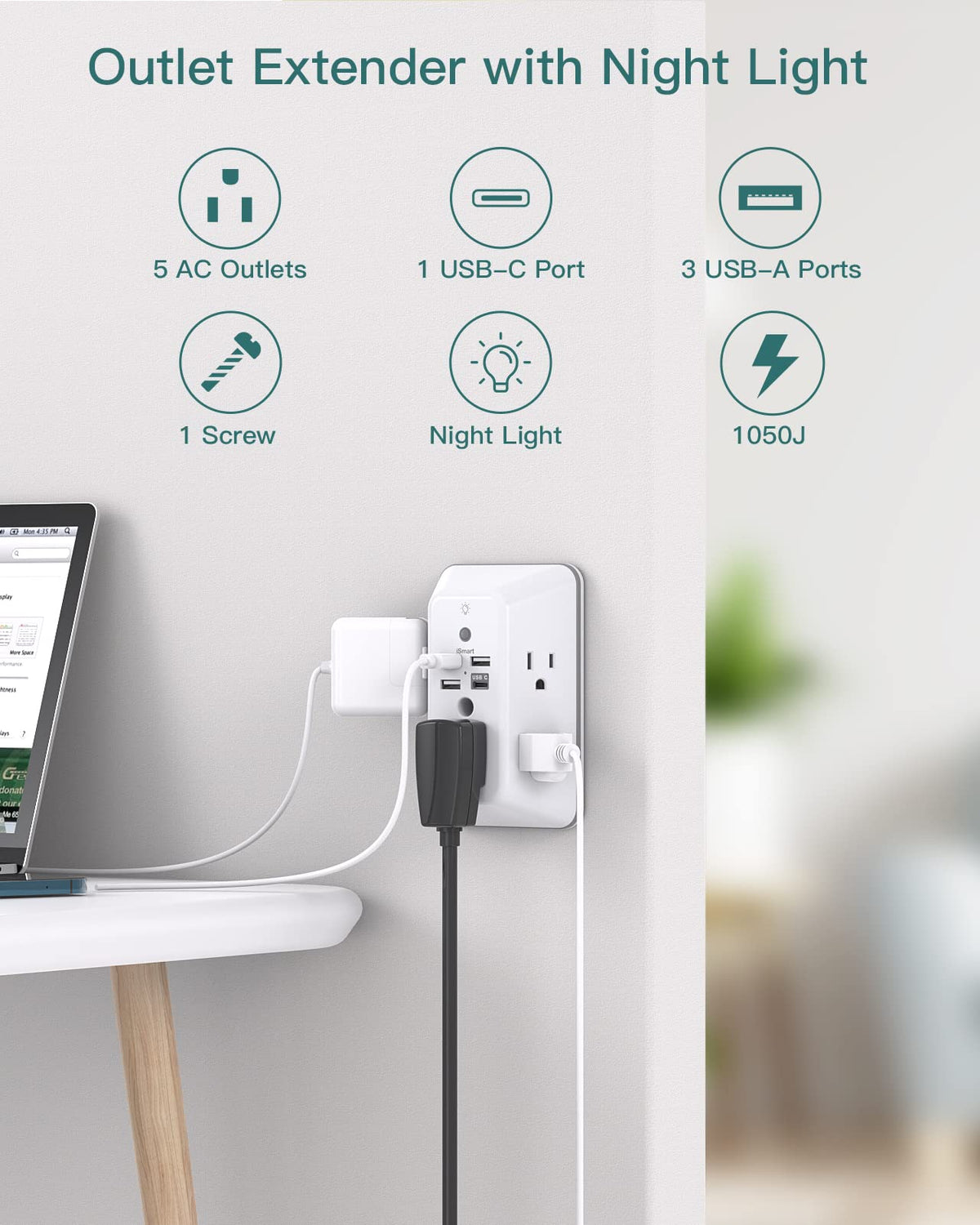 Addtam surge protector night light glows softly for bedrooms and hallways