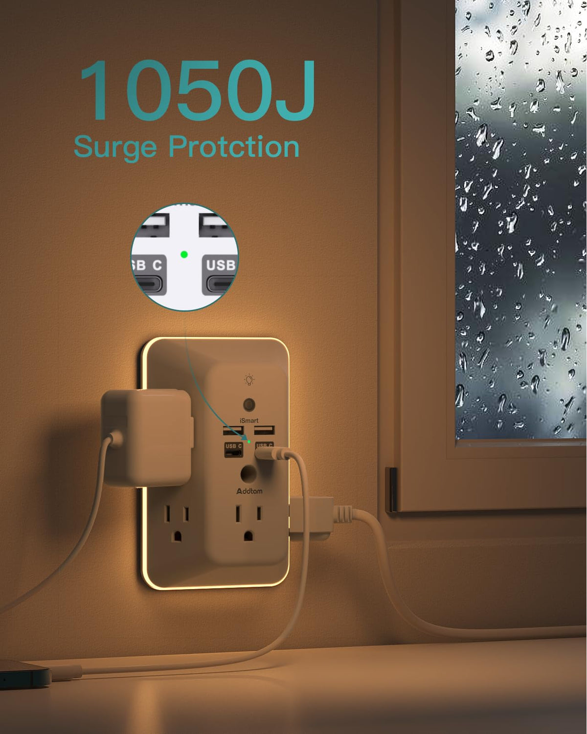 Addtam surge protector compact design fits home office and dorm rooms