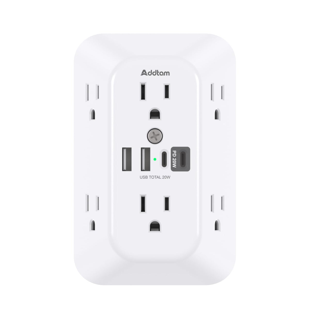 Addtam Surge Protector Outlet Extender front view with six outlets and USB ports for a tidy desk setup.