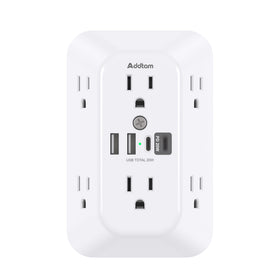 Addtam Surge Protector Outlet Extender front view with six outlets and USB ports for a tidy desk setup.