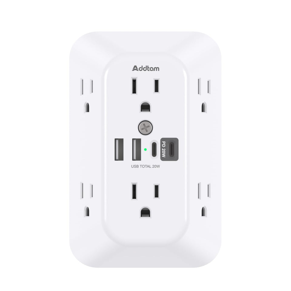 Addtam Surge Protector Outlet Extender front view with six outlets and USB ports for a tidy desk setup.