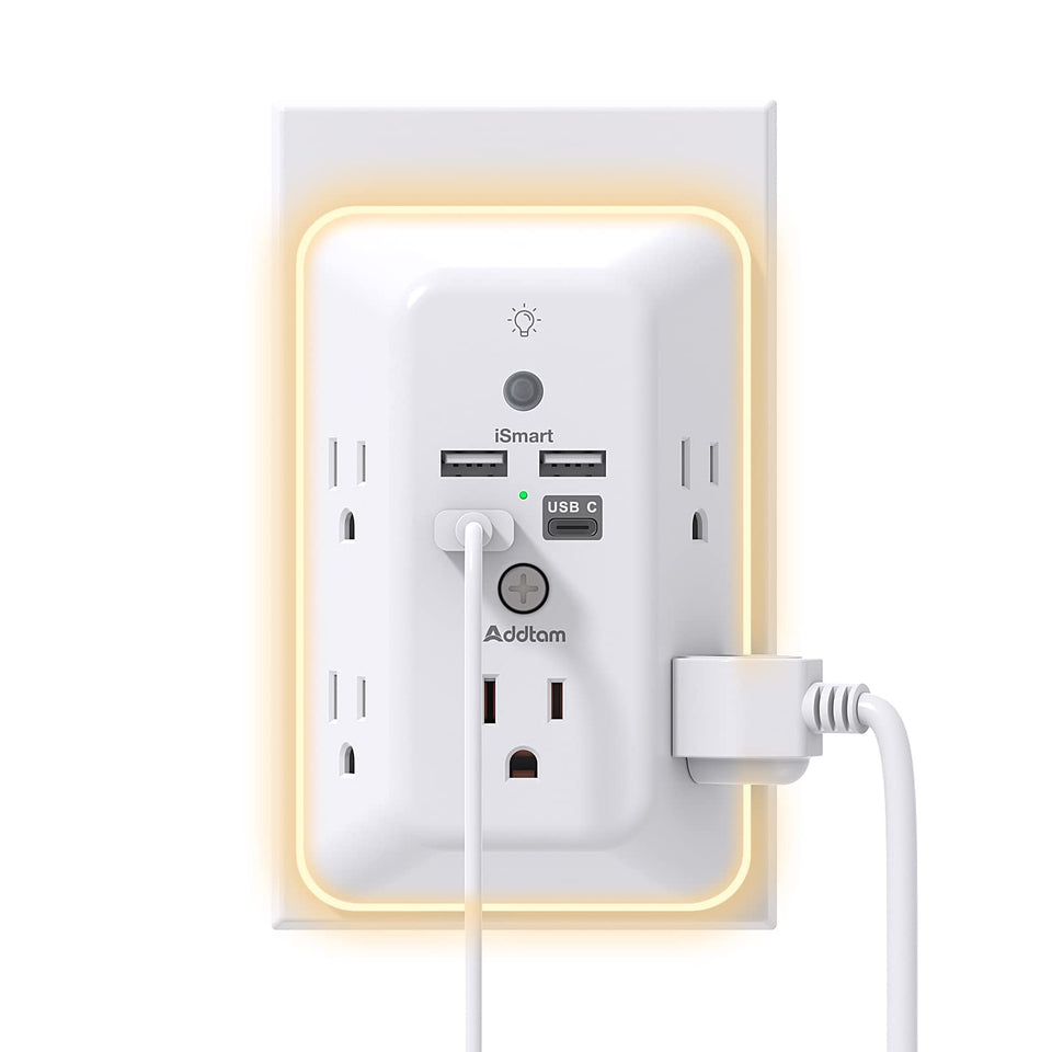 Addtam surge protector outlet extender front view showing 9-in-1 design for clutter-free power