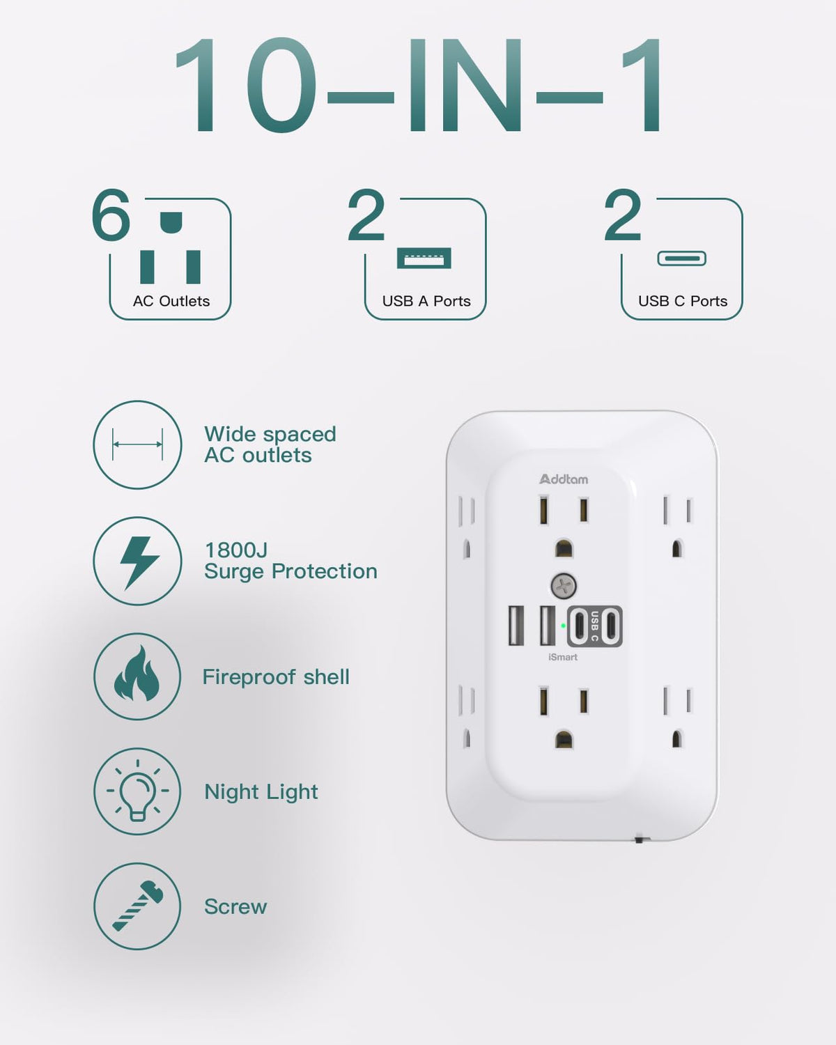 Addtam outlet with night light showcasing a warm glow ideal for bedrooms