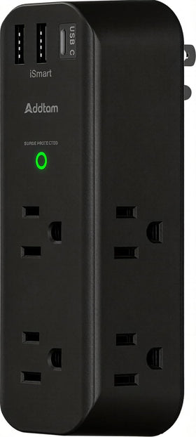 Addtam surge protector with rotating plug fits behind furniture and tight spaces.