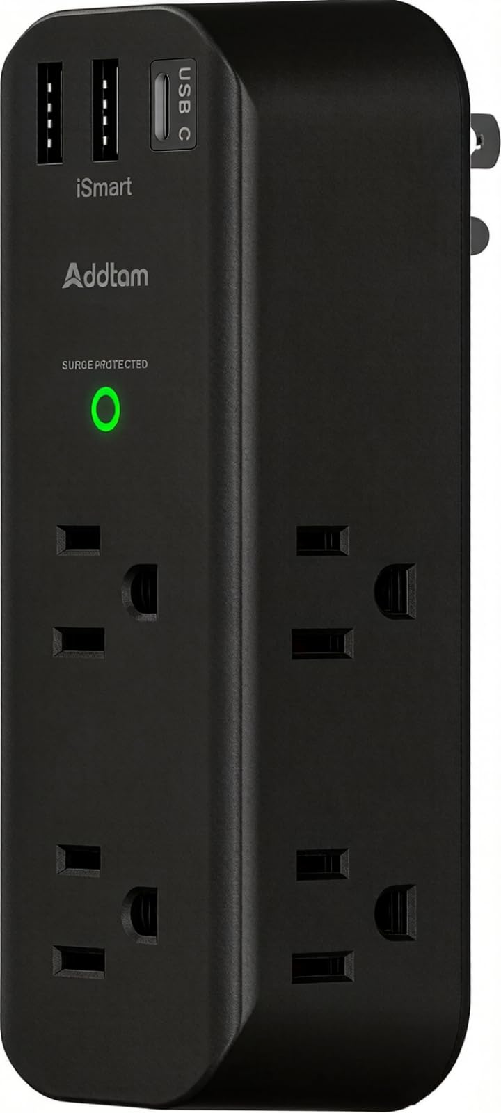 Addtam surge protector with rotating plug fits behind furniture and tight spaces.