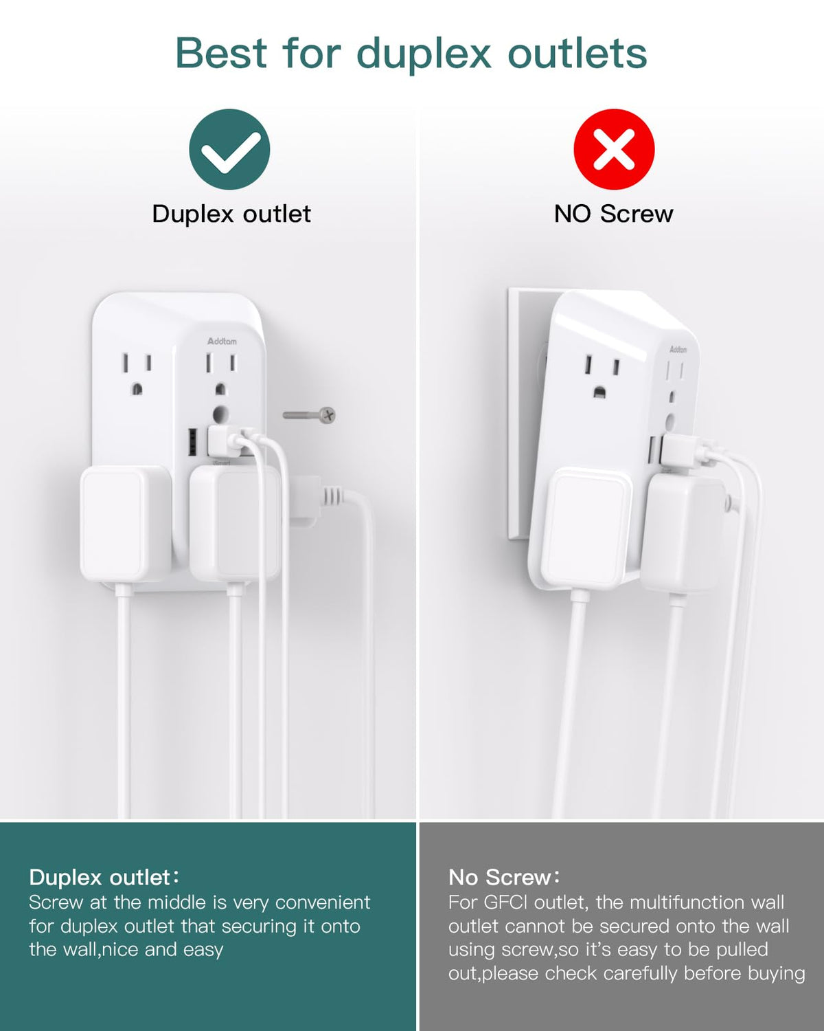 Addtam surge protector outlet extender three-side design graphic showing easy access to plugs.