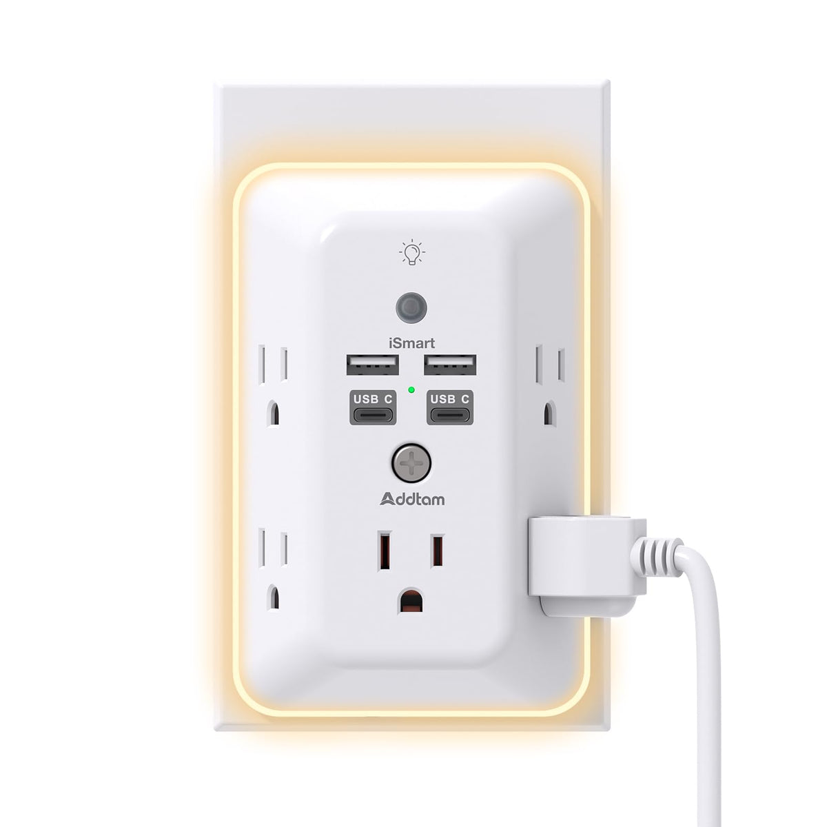 Addtam surge protector top view shows 9-in-1 outlets for organized power access