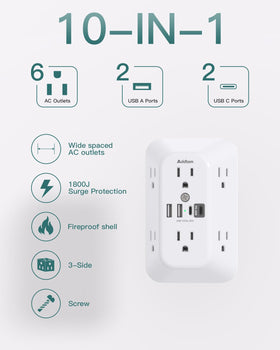 Addtam surge protector outlet extender ports close-up highlighting USB-C fast charging capability.
