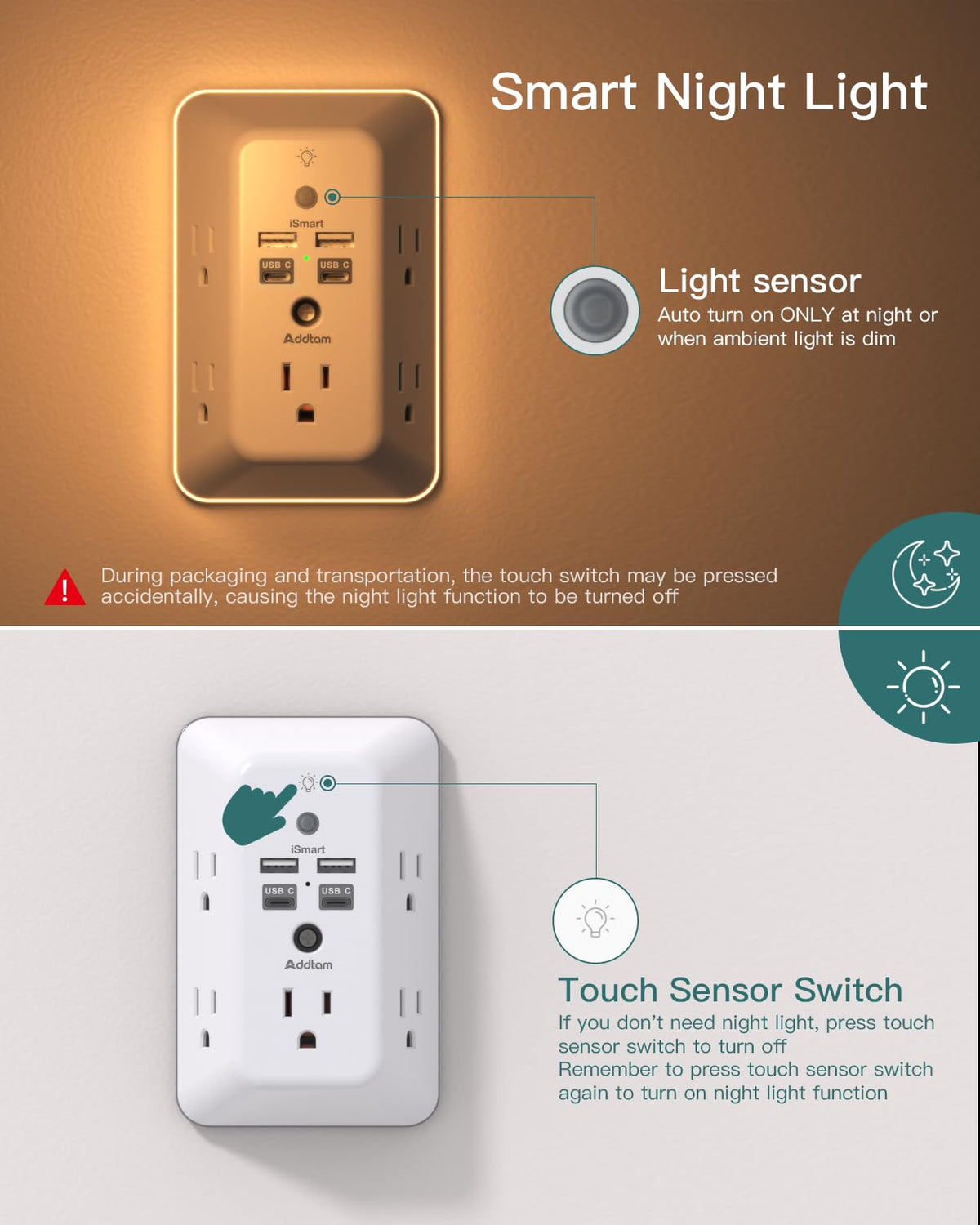 Addtam surge protector USB ports with USB-C fast charging for devices