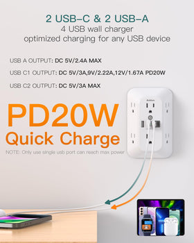 Addtam surge protector outlet extender wide-space outlets image showing generous clearance between sockets.