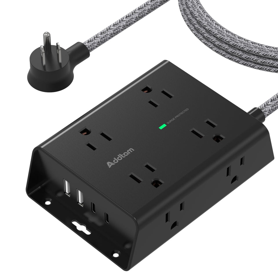 Addtam surge protector power strip with eight outlets and four USB ports for organized charging.