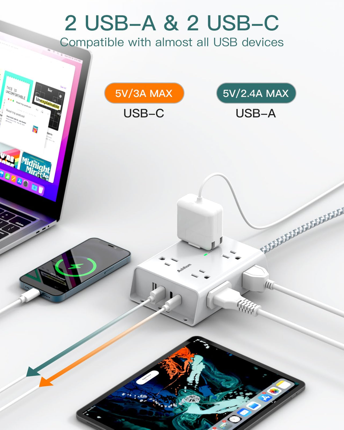 Addtam power strip easy-mount design for wall or desk installation