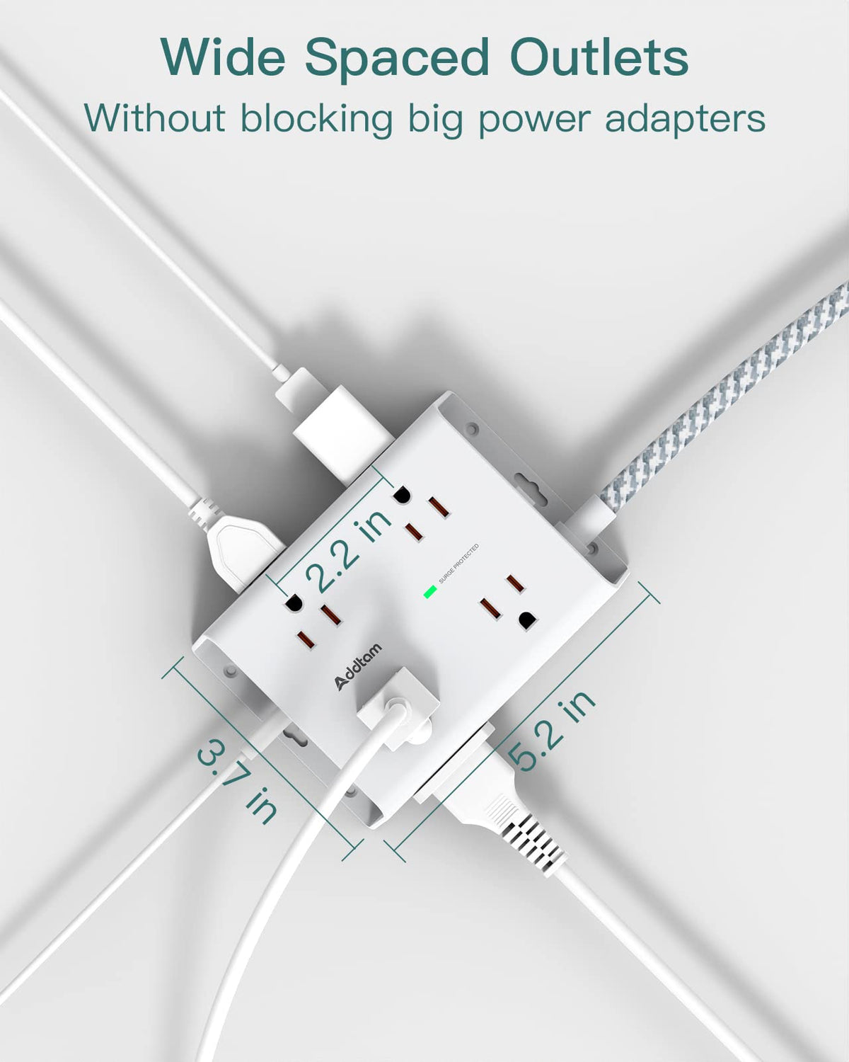 Addtam power strip with flat plug and 5ft braided cord keeps cords tidy