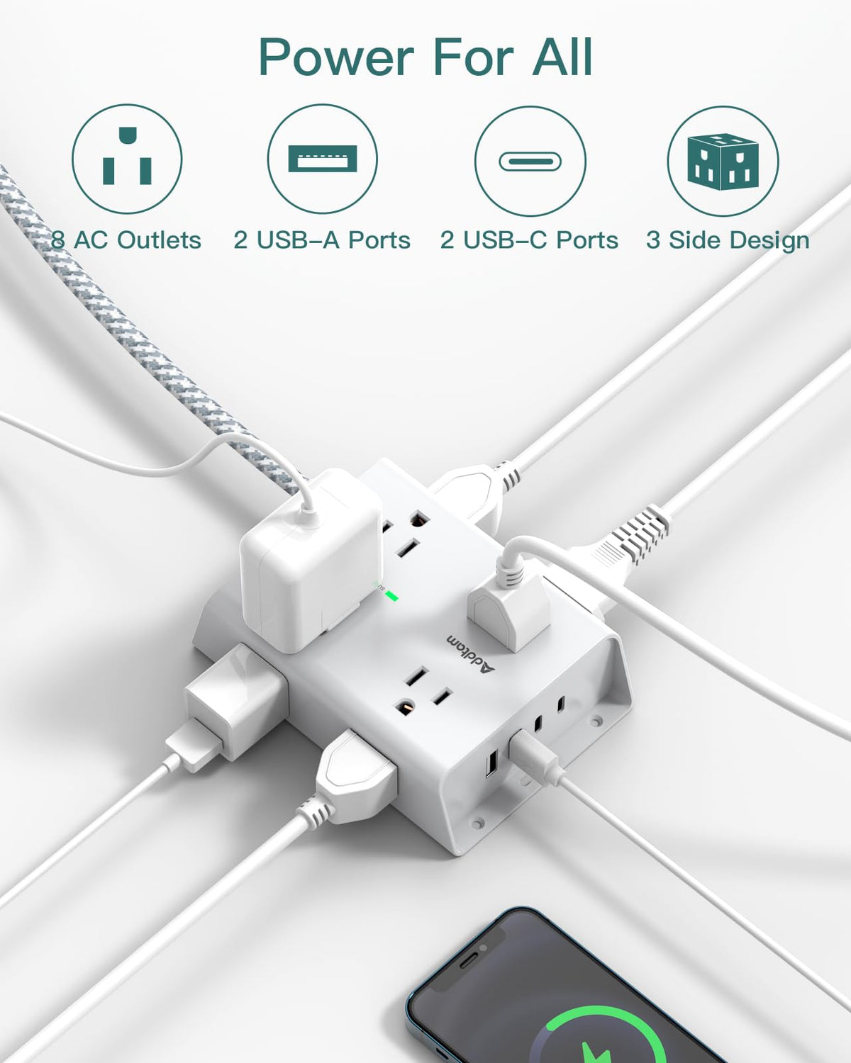 Addtam surge protector power strip shows wide-space outlets to fit large adapters