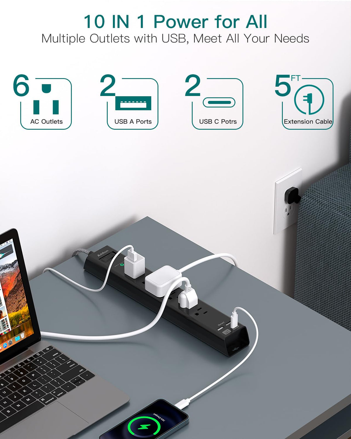 Addtam surge protector USB panel with USB-A and USB-C ports for fast, smart charging