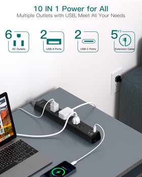 Addtam surge protector USB panel with USB-A and USB-C ports for fast, smart charging