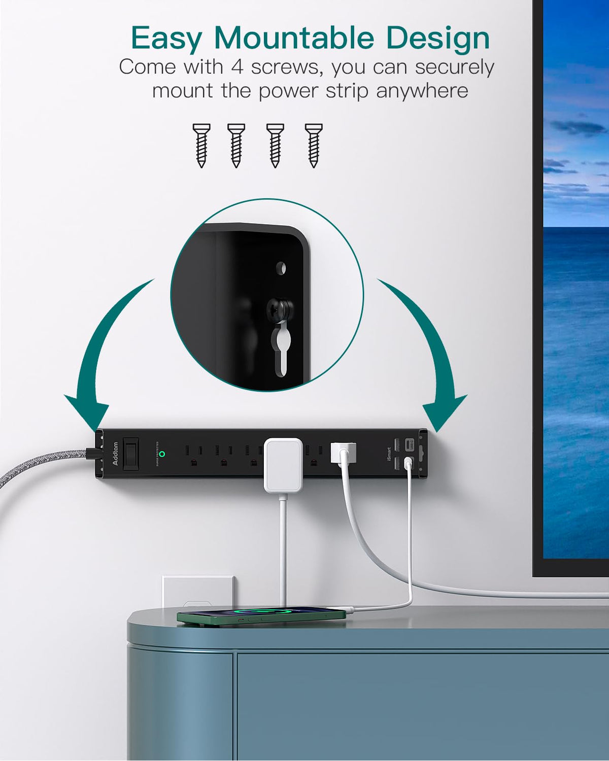 Addtam surge protector with wall or desk mounting for a clean, stable setup