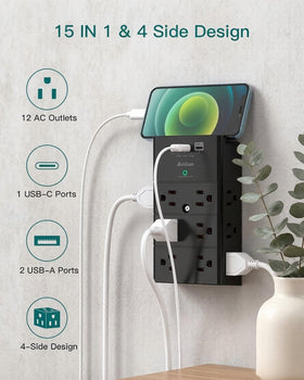 Addtam surge protector wall mount showing 12 outlets and protection features