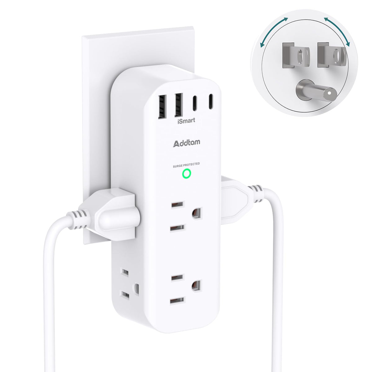 Addtam surge protector with rotating plug for flexible placement