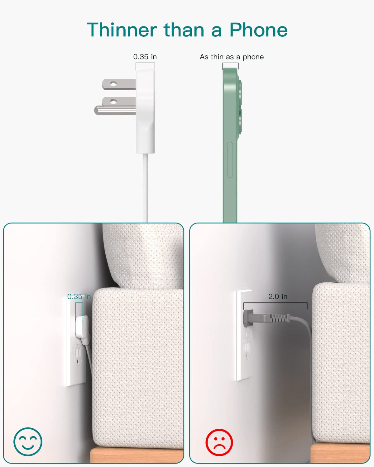 Addtam three-side design power strip with wide spacing for large adapters