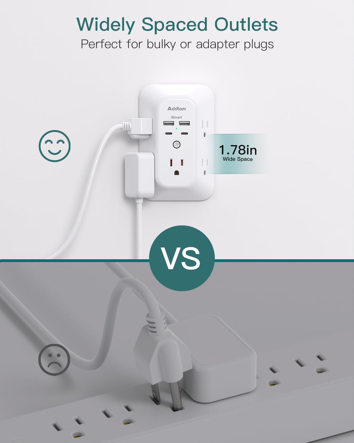 Addtam three-sided design saves space on busy outlets.