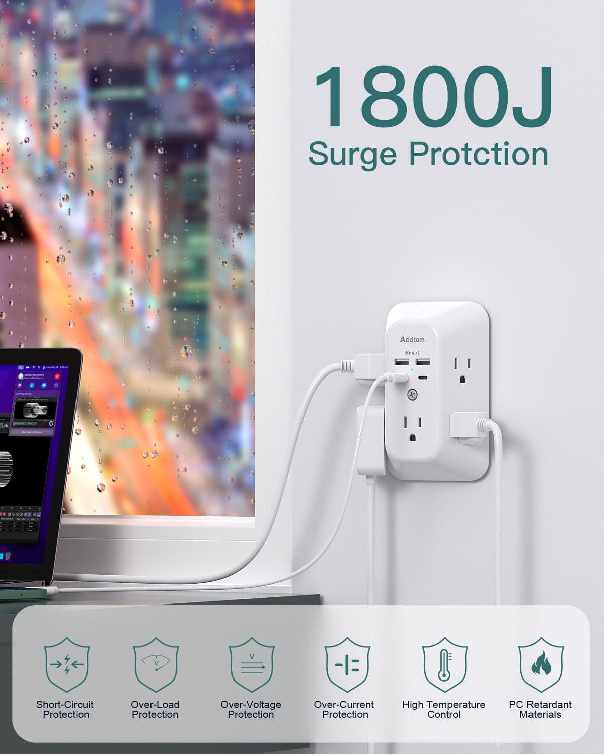 Addtam three-sided design with wide socket spacing for bulky adapters