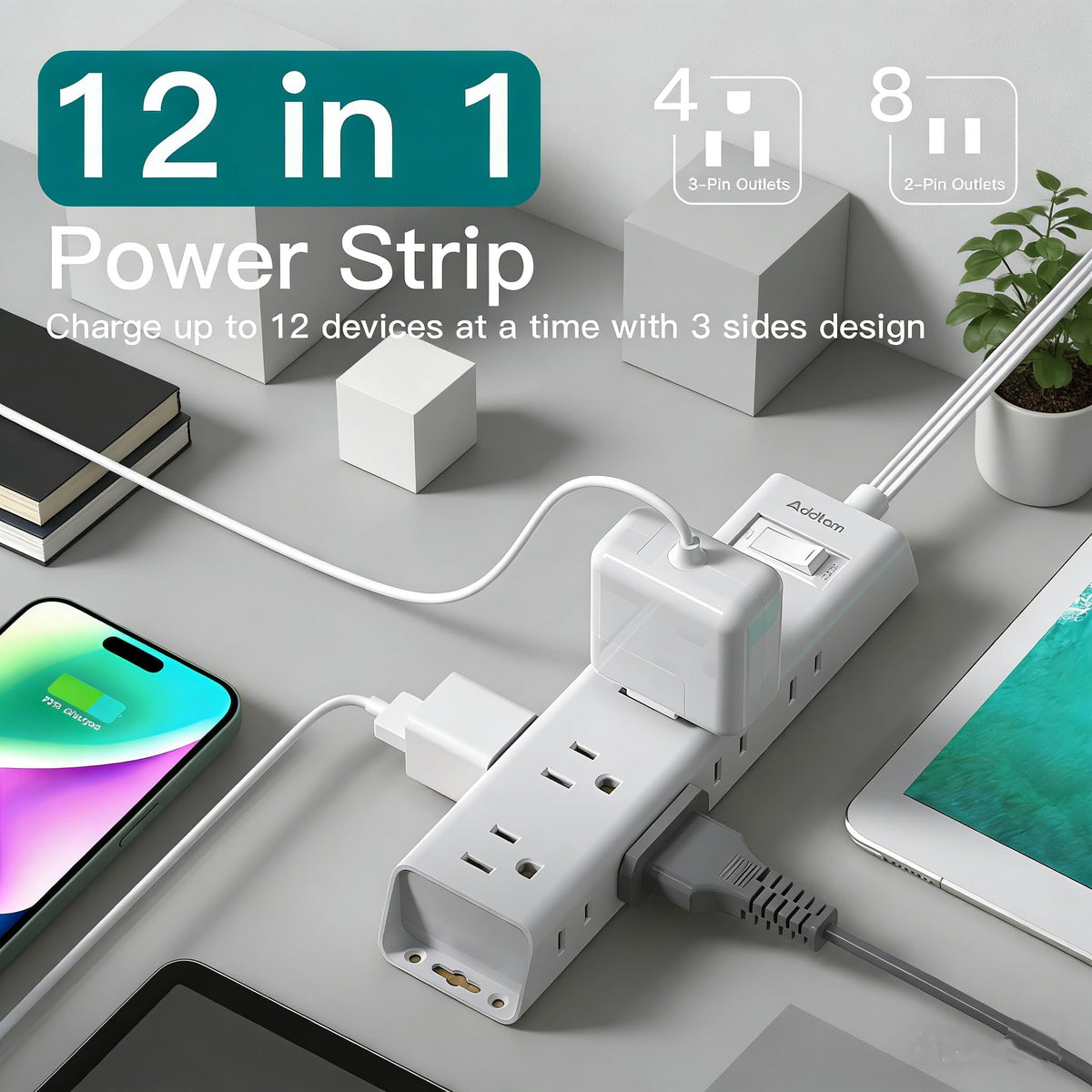 Addtam three-sided outlet layout accepts bulky adapters without blocking sockets