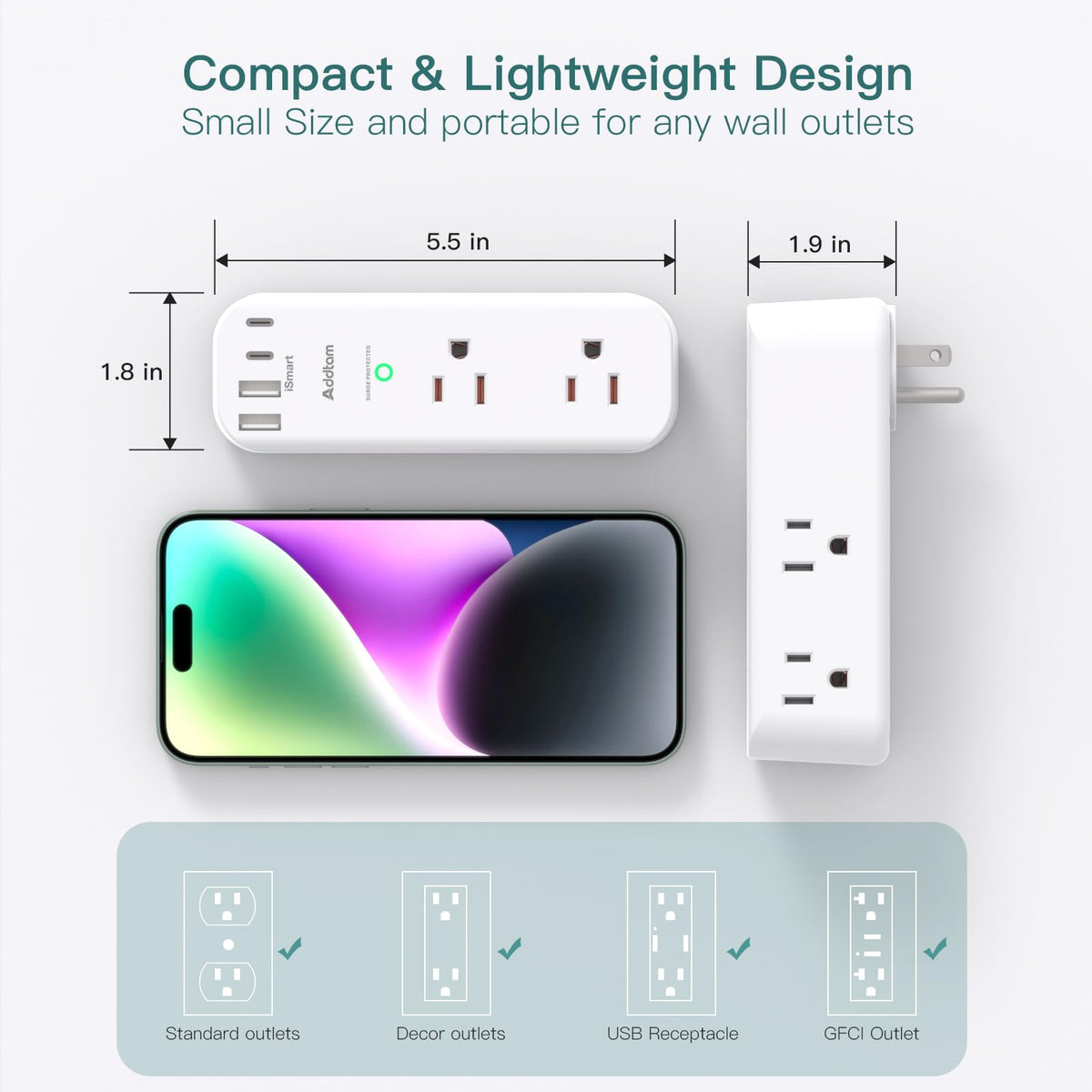 Addtam surge protector ideal for travel and dorm setups