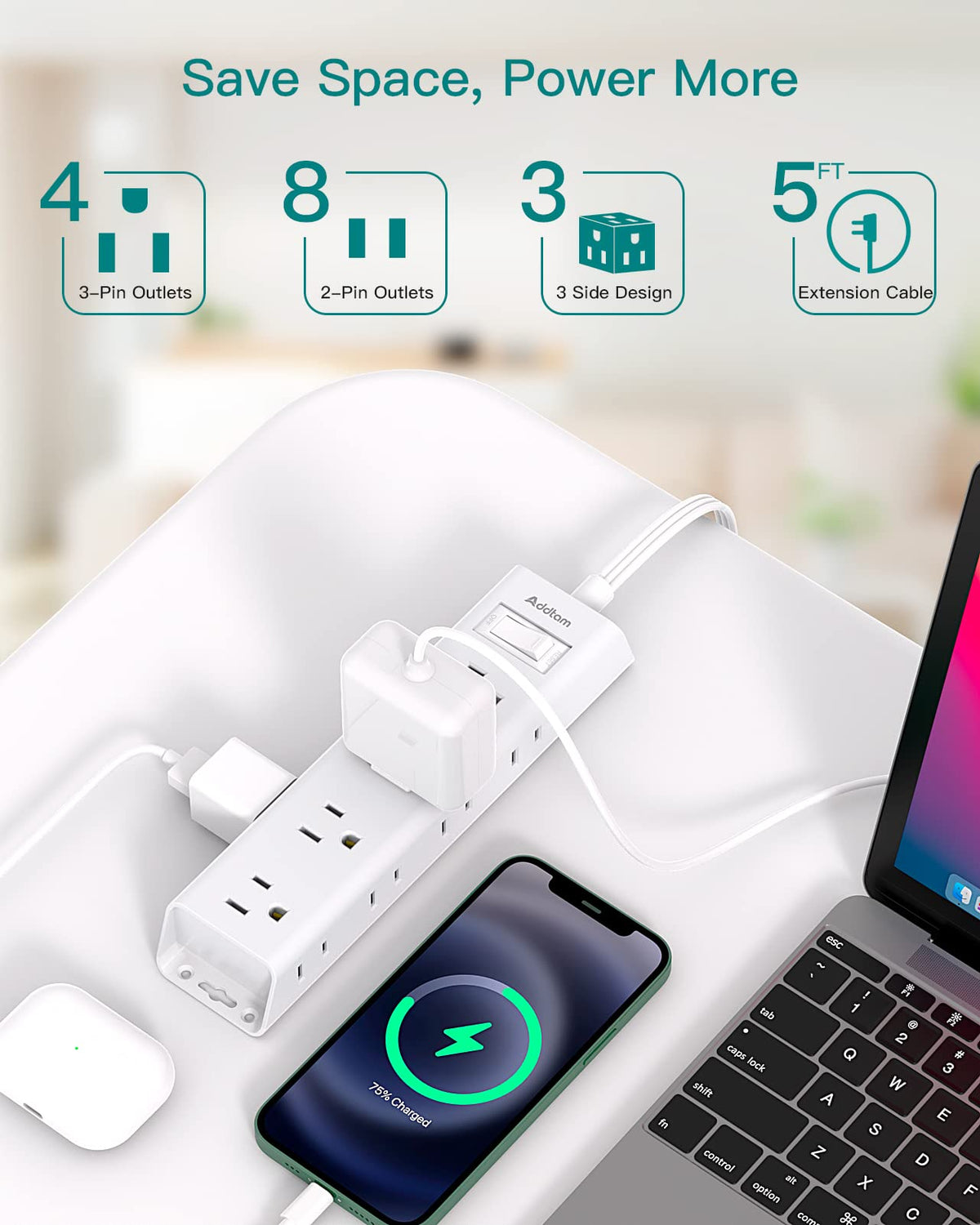 Addtam twelve-outlet compact power strip supports up to twelve devices